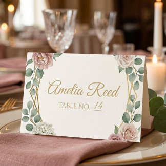 Elegante Staubige Rosenfarbene Geometrische Blumig Platzkarte