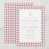 Elegante Staubrosa Gingham Mädchen Tauf Einladung (Vorne/Hinten)