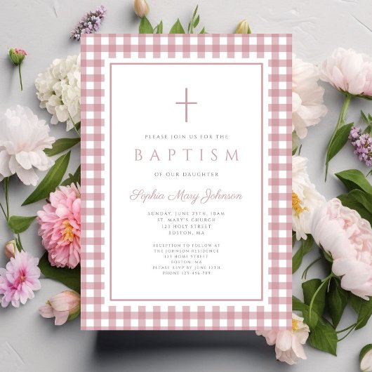Elegante Staubrosa Gingham Mädchen Taufe Einladung