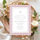Elegante Staubrosa Gingham Mädchen Taufe Einladung