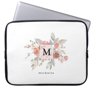 Elegante Staubrosa Graue Blumenmonogramm  Laptopschutzhülle
