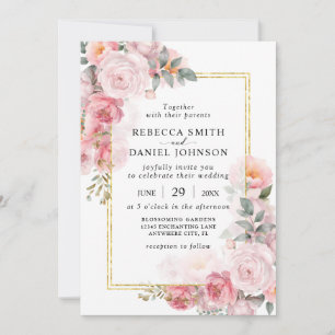 Elegante staubrosa Pink-Rosen und moderne Gold-Hoc Einladung
