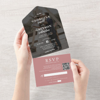 Elegante Staubrosa RSVP Foto QR Code Hochzeit All In One Einladung