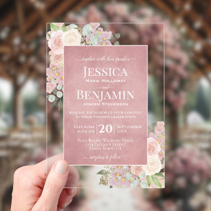 Elegante Staubrose Florale Stilvolle Text Hochzeit Acryleinladungen