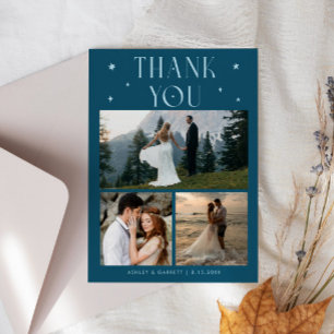Elegante Sterne-Hochzeit Multi-Foto Türkis Dankeskarte