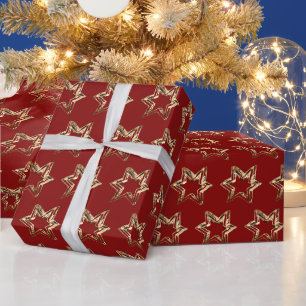 Elegante Sterne Muster Weihnachten Rot und Gold Geschenkpapier