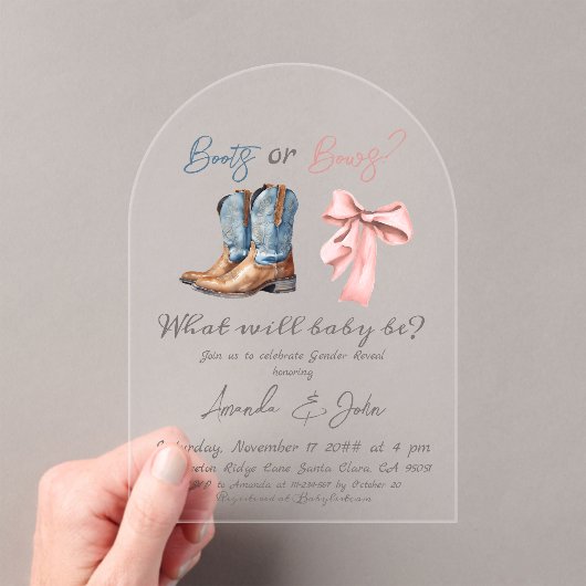 Elegante Stiefel oder Bows Blue Pink Gender Reveal Acryleinladungen (Insitu (Handheld))