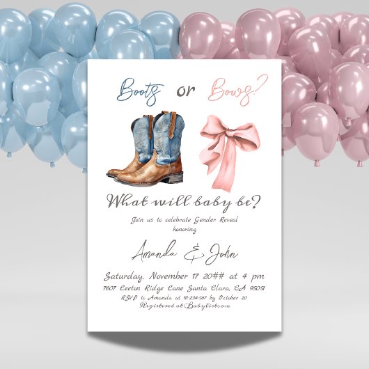 Elegante Stiefel oder Bows Blue Pink Gender Reveal Einladung