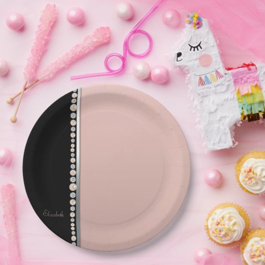 Elegante Stilftige Perlen Diamonds Black Pink Pappteller (Party)