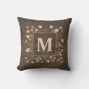 Elegante stilvolle braune goldene Blätter Monogram Kissen