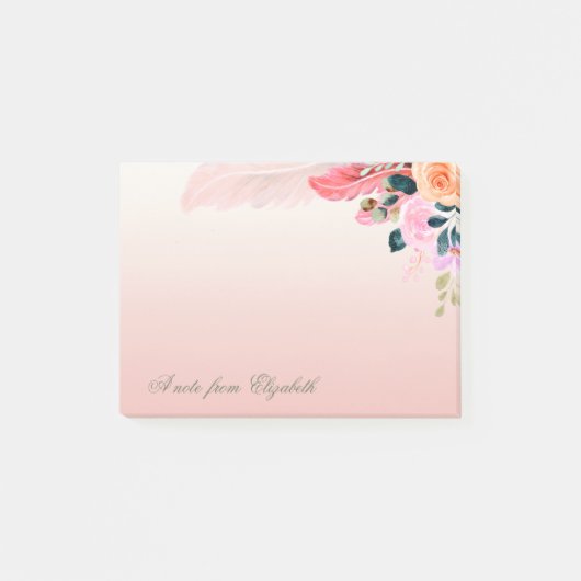 Elegante Stilvolle Girly Watercolor Blume Feather Post-it Klebezettel (Vorderseite)