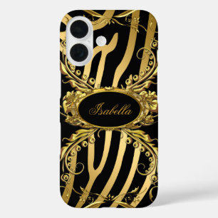 Elegante stilvolle Gold-Zebra-Schwarz-Blumenmuster iPhone 16 Hülle