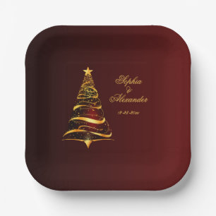 Elegante stilvolle goldene Weihnachtsbaum-Hochzeit Pappteller