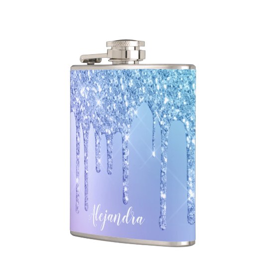 Elegante, stilvolle Kick-Blue & lila Glitzer Tropf Flachmann (Links)