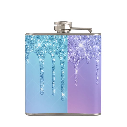 Elegante, stilvolle Kick-Blue & lila Glitzer Tropf Flachmann (Rückseite)