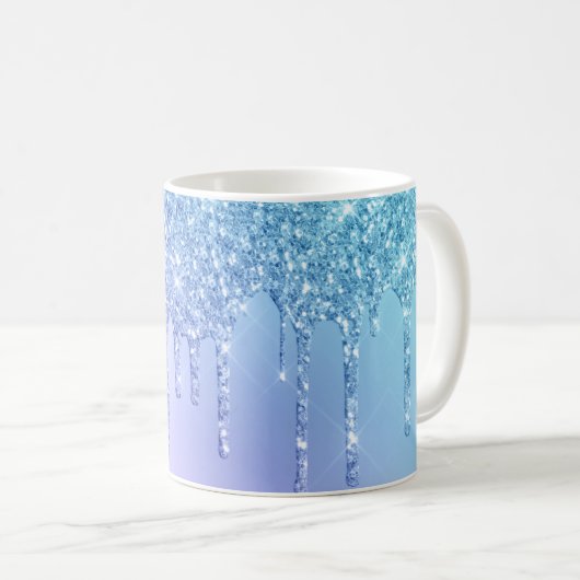 Elegante, stilvolle Kick-Blue & lila Glitzer Tropf Kaffeetasse (VorderseiteRechts)