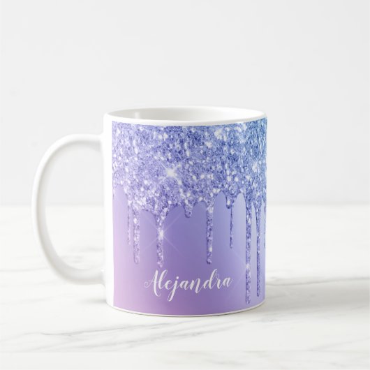 Elegante, stilvolle Kick-Blue & lila Glitzer Tropf Kaffeetasse (Links)