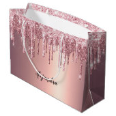 Elegante, stilvolle Kupfergold-Rose-Glitzer-Tropfe Große Geschenktüte (Rückseite Schrägansicht)