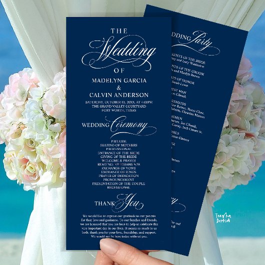 Elegante, stilvolle, navyblaue Hochzeitszeremonie- Programm