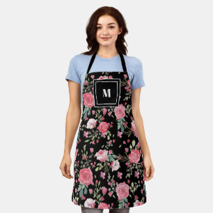 Elegante stilvolle rosa Rosen schwarzes Monogramm Schürze