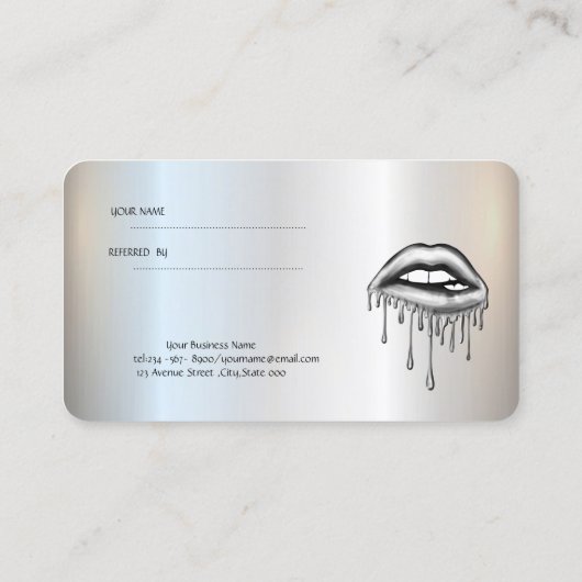Elegante, stilvolle Silver Metallic Dripping Lips Empfehlungskarte (Rückseite)
