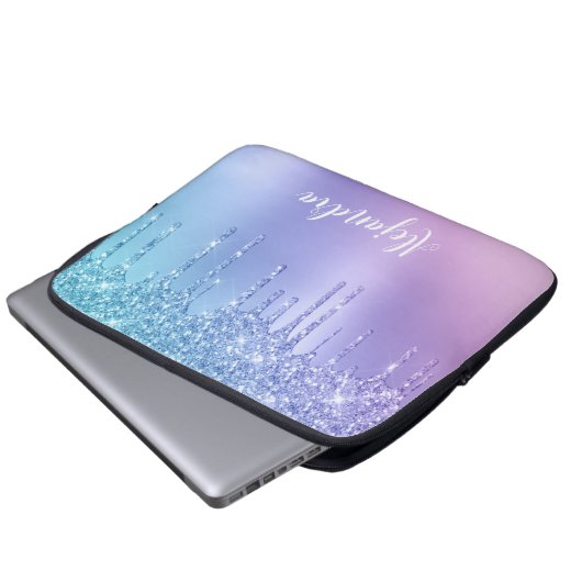 Elegante, stilvolle Tropfen in kichelblau und lila Laptopschutzhülle (Vorne Knopf)