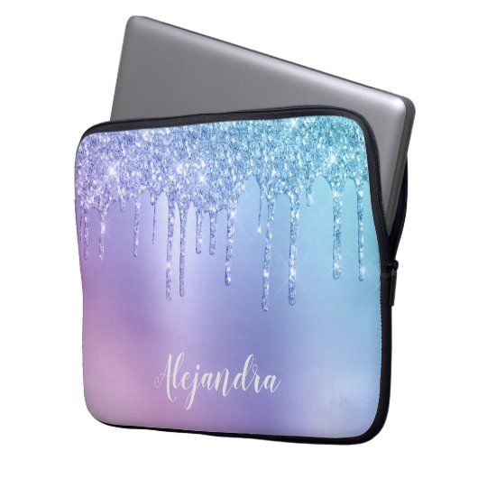 Elegante, stilvolle Tropfen in kichelblau und lila Laptopschutzhülle (Vorderseite Links)