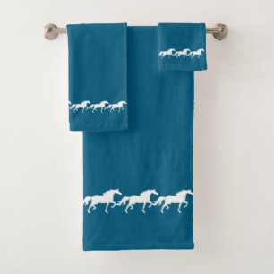 Elegante stilvolle weiße Pferde auf Ozeanblau Badhandtuch Set
