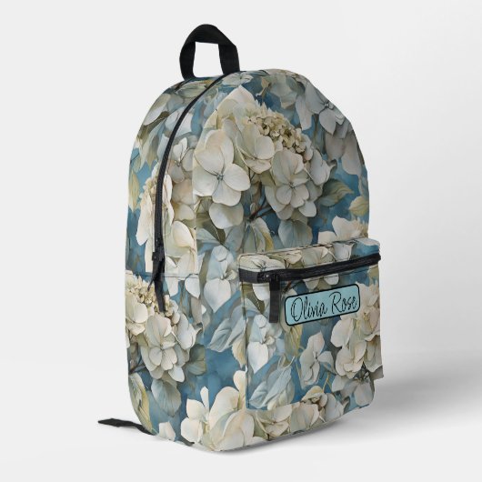 Elegante stimmungsvolle blaue Aquarellblumen Bedruckter Rucksack (Rückseitige Ecke links)