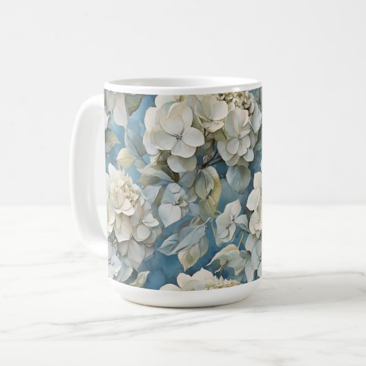 Elegante stimmungsvolle blaue Aquarellblumen Kaffeetasse (Vorderseite Links)