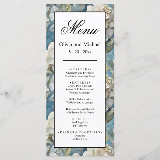 Elegante stimmungsvolle blaue Aquarellblumen Menükarte (Vorderseite)