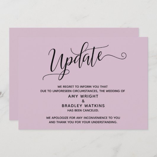 Elegante Stornierung der HochzeitsLight Mauve Ankü Einladung (Vorne/Hinten)