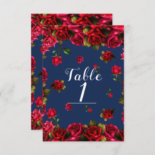 Elegante Storybook Rote Rosen Blaue Tischnummer (Vorne/Hinten)