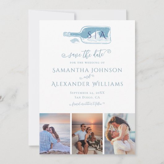 Elegante Strand-Botschaft-in-einer-Flasche Blaue H Save The Date (Vorderseite)