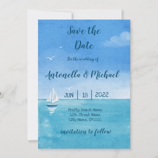 Elegante Strände und nautische Save the Date Einladung (Vorderseite)