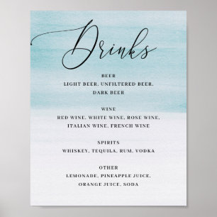 Elegante Strandhochzeit Blaue Aquarell-Drinks Poster