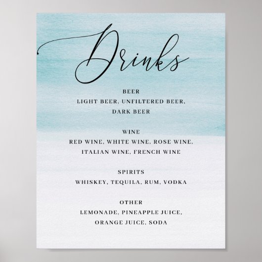 Elegante Strandhochzeit | Blaue Aquarell-Drinks Poster (Vorne)
