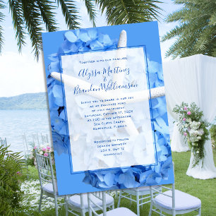 Elegante Strandhochzeit Blaue Blumen Seestern Einladung