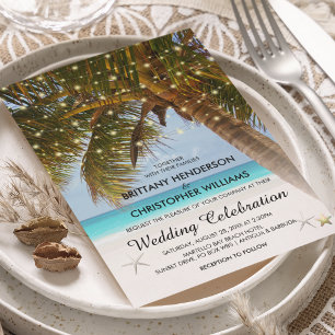 Elegante Strandhochzeit Lichterkette Palmenbaum Einladung