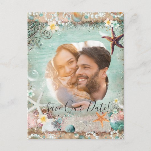 Elegante Strandseeufel Perlen Rett Date Foto Ankündigungspostkarte (Vorderseite)