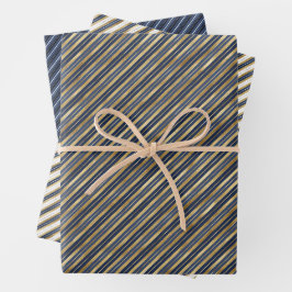 Elegante Streifen Blue Navy Gold Stilvolle Maskuli Geschenkpapier Set