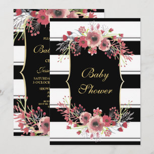Elegante Streifen-Blumen-Aquarell-Baby-Party Einladung