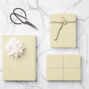 Elegante Streifen Weiß - Buttergelb Geschenkpapier Set
