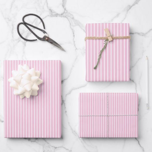 Elegante Streifen Weiß - Hellrosa Geschenkpapier Set (Vorderseite)