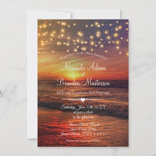 Elegante String Lights Foto Summer Beach Wedding Einladung (Vorderseite)