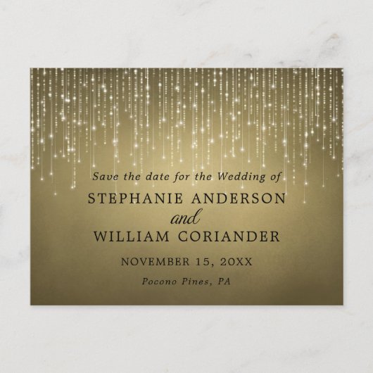 Elegante String Lights Gold Save the Date STD Ankündigungspostkarte (Vorderseite)