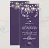 Elegante String Lights Lila Hochzeit Menükarte (Vorne/Hinten)