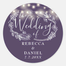 Elegante String Lights Lila Hochzeit Runder Aufkleber