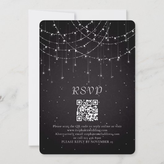 Elegante String Lights QR Code Damask Black Weddin Einladung (Rückseite)