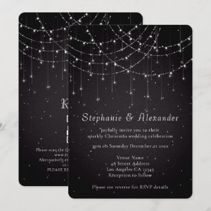 Elegante String Lights QR Code Damask Black Weddin Einladung
